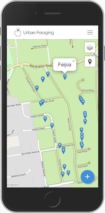 App screenshot showing foraging markers on the interactive map
